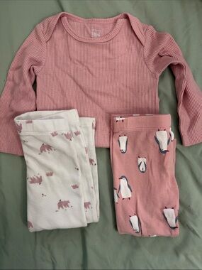 Carter's Pink Waffle Knit Top with Penguin & Bear Print Pants